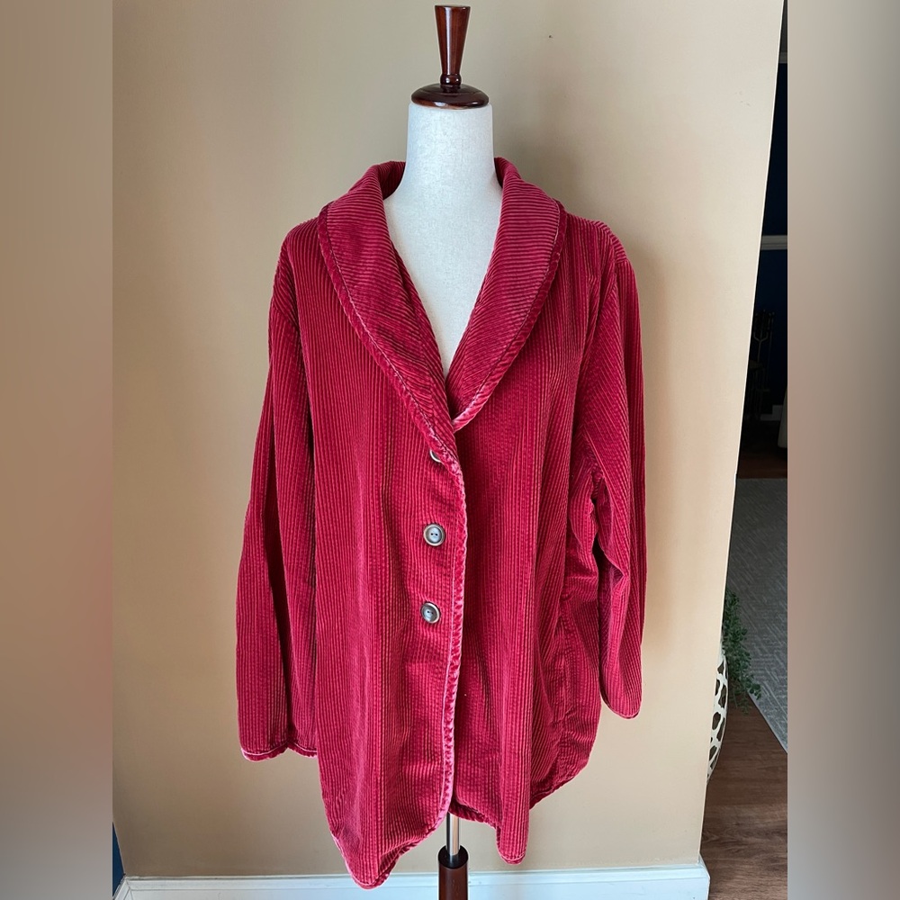 J Jill Womens Corduroy Shacket Jacket Button Down 4X Red Burgundy Velvet‎ Trim #